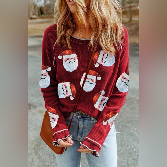 Sequin Santa Round Neck Long Sleeve Blouse - Picture 2 of 6